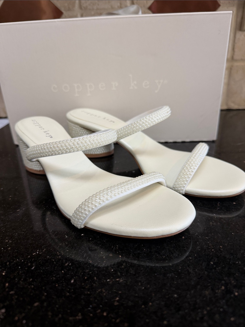 Copper Key White Pearl-Detail Slide Sandals